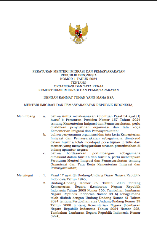 Peraturan Menteri Imigrasi dan Pemasyarakatan Nomor 1 Tahun 2024 tentang Organisasi dan Tata Kerja Kementerian Imigrasi dan Pemasyarakatan